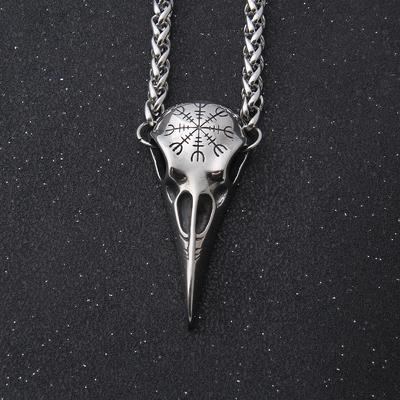 Stainless Steel Raven Helm of Awe Pendant, Norse Mythology Viking Odin Skull Vintage Aegishjalmur Amulet Necklace for Men Women