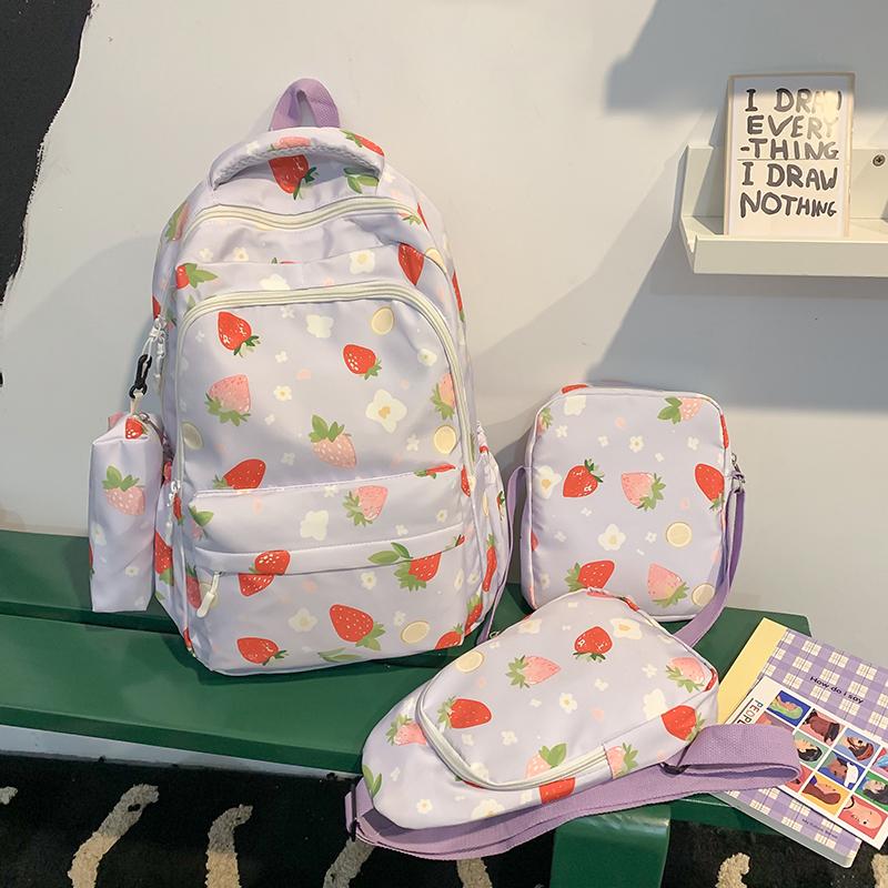 Four-Piece Strawberry Schoolbag Travel Backpack Women's Large Capacity Printed Backpack for Students