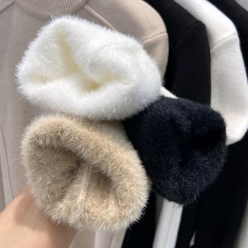 Fishbone line front shoulder semi-turtleneck inner top women's thickened integrated fleece long-sleeved shirt autumn and winter new bottoming shirt