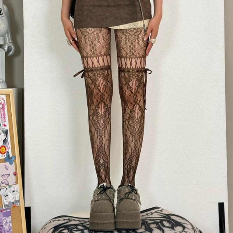 Y2K Vintage Solid Fishnet Lace Pattern Tights Stockings Hollowed Rhombus Lace Up Geometric Jacquard Pantyhose Leggings