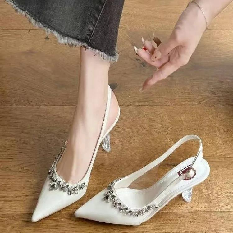 Sandali Donna Nuovi Classici Champagne Banchetto Matrimonio Scarpe Donna Sexy Strass Raso Punta Acuta Tacco Alto Sandali Donna