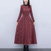 2024 Autumn Winter Women Dress Round Neck Thick Long Sleeve Printed Warm Soft A-line Loose Hem Pockets Mid-calf Length Mother Maxi Dress