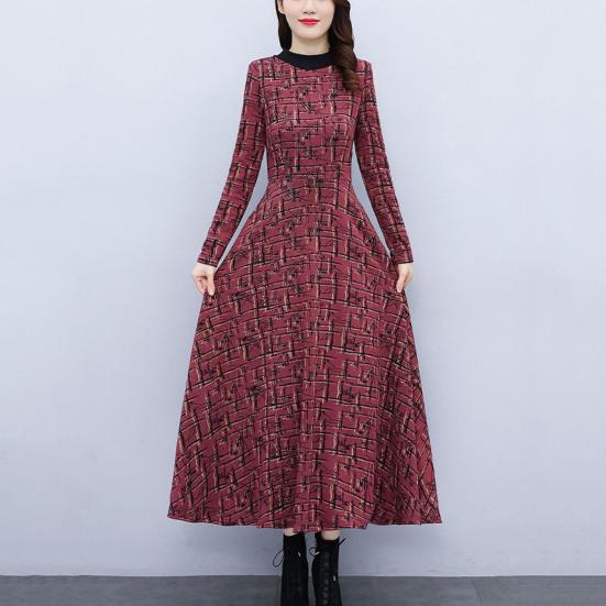 2024 Autumn Winter Women Dress Round Neck Thick Long Sleeve Printed Warm Soft A-line Loose Hem Pockets Mid-calf Length Mother Maxi Dress