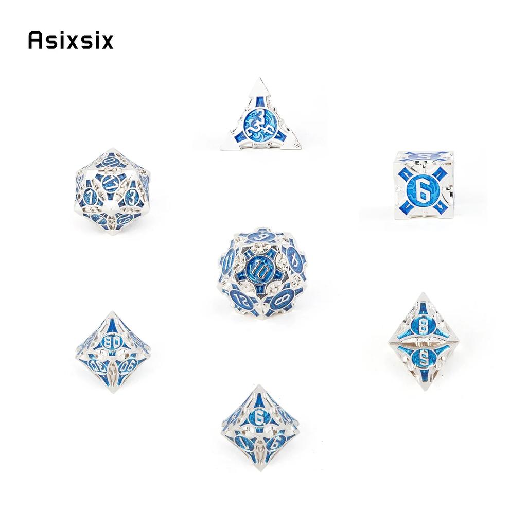 7 Pcs Blue White Metal Dice Solid Metal Polyhedral Dice Set Suitable For Role-Playing Dice PropBoard Game Gift