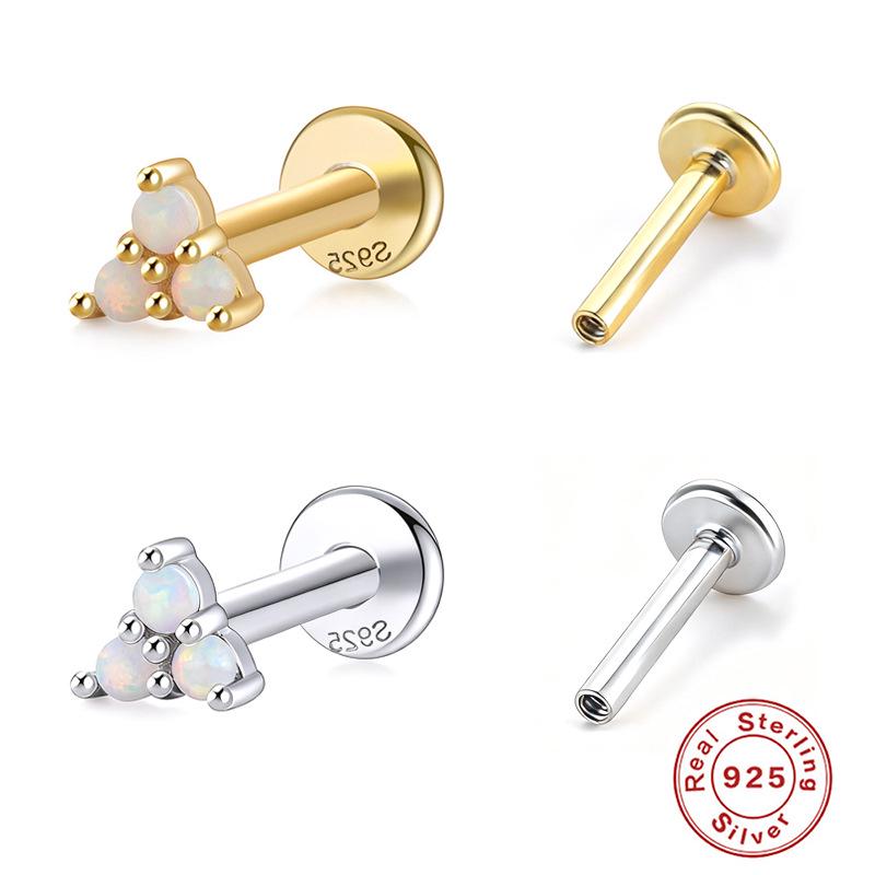 S925 Sterling Silver Opal Threaded Cartilage Stud Earrings for Men and Women