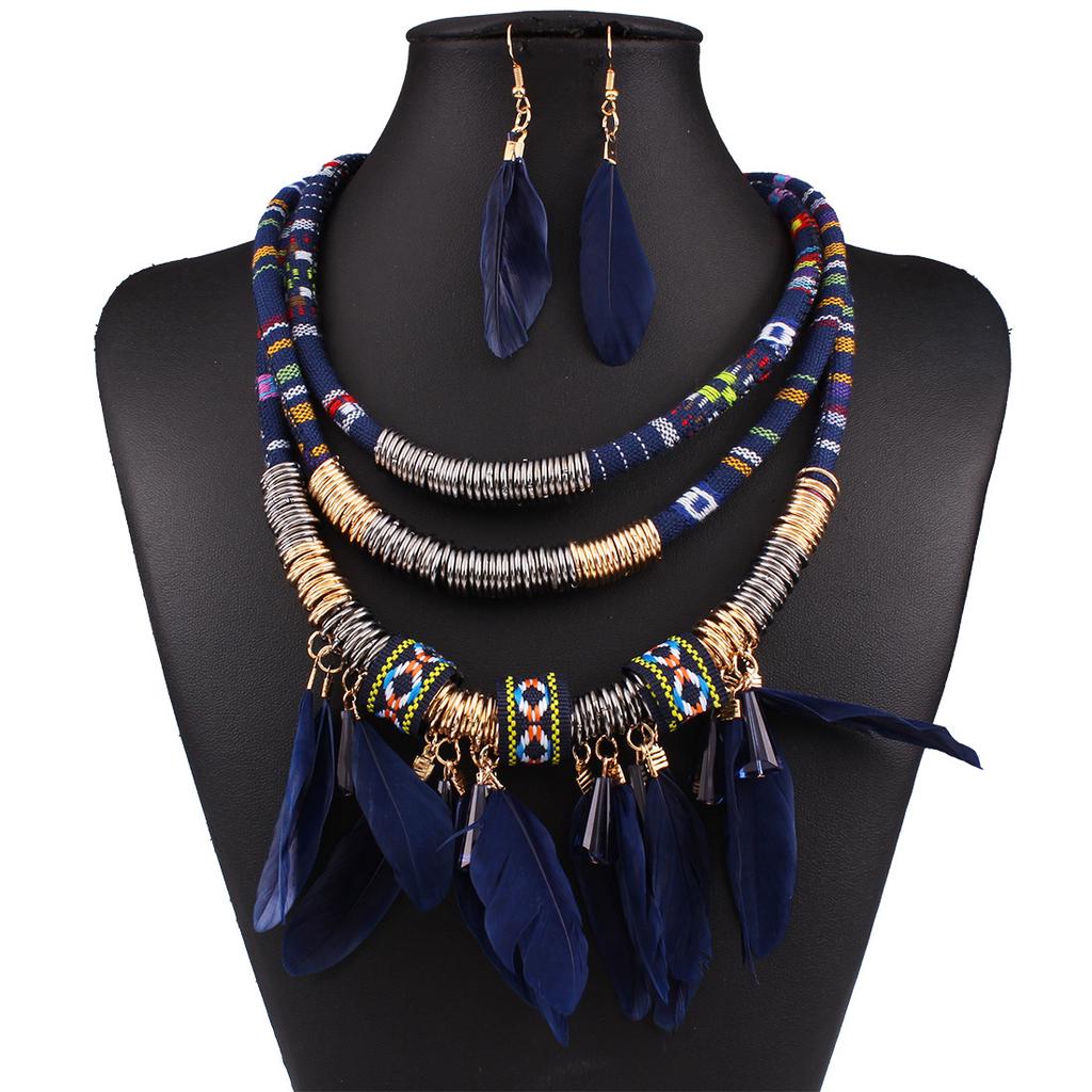 Vintage Ethnic Feather Choker Necklace Earrings Set for Women Multilayer Jewelry