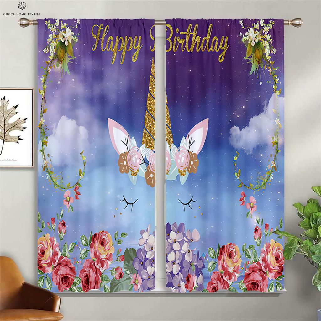 Animated Cartoon Unicorn Eyelash Curtains, Pink Floral Cute Pattern, Girl Room, Living Room, Study Window Decoration, 2Pcs