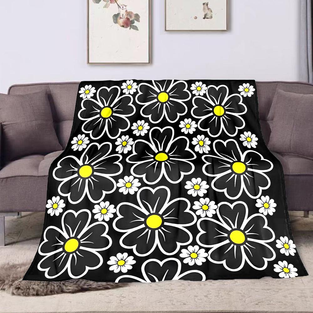 Black and White Daisies with Yellow Centers Patterned flannel blanket perfect for the bedroom living room, sofa, or a little nap