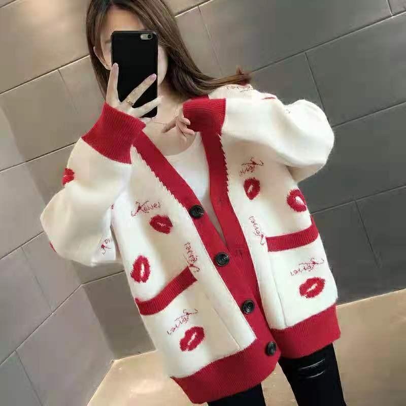 

Sweater jacket women s cardigan new embroidered lip print knitted sweater autumn and winter versatile very hot top One size белый