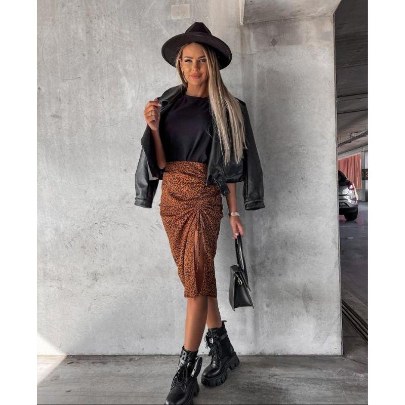 European Station Leopard Print Sexy Slit Shoelace Skirt