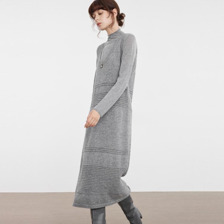 ELLE French High-End Knit Wool Unique Design Long Sleeve Dress Women dresses Medium-Gray EL40188