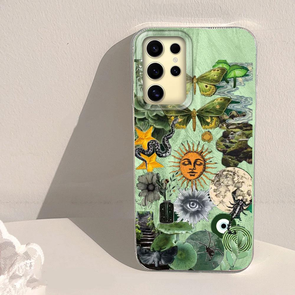 Green Sun Face Planet Fruit Trendry Feather Texture Phone Case for Samsung Galaxy S25 S24 S23 S22 S21 FE Plus Ultra Shell Cover