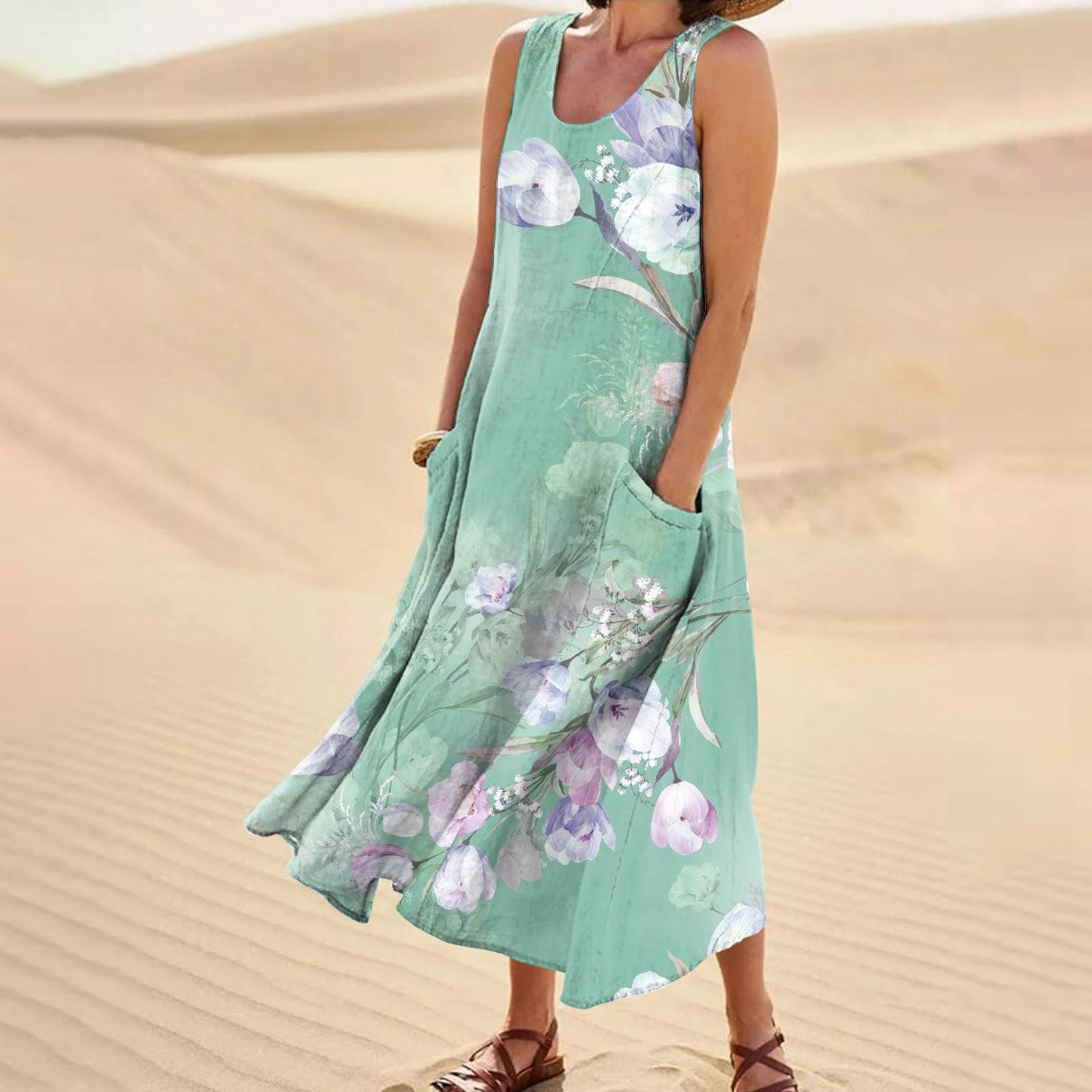 Women s Casual Comfortable Floral Print Sleeveless Cotton Pocket Dress XL