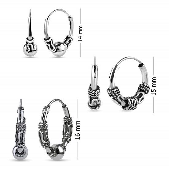 LeCalla Schmuckset aus 3 Paar antiken balinesischen Creolen aus S925er Sterlingsilber für Männer und Frauen, 14 mm | 15 mm | 16 mm