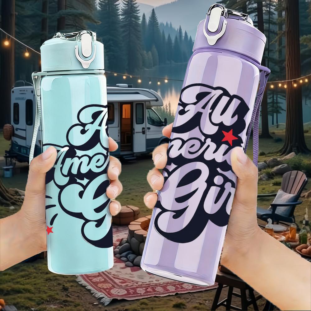 1PC All American Girl Letter Graphic,750ml Color Plastic Sports Water Bottle,Leakproof Flip Straw Lid,Suitable for Sports Office Home Use
