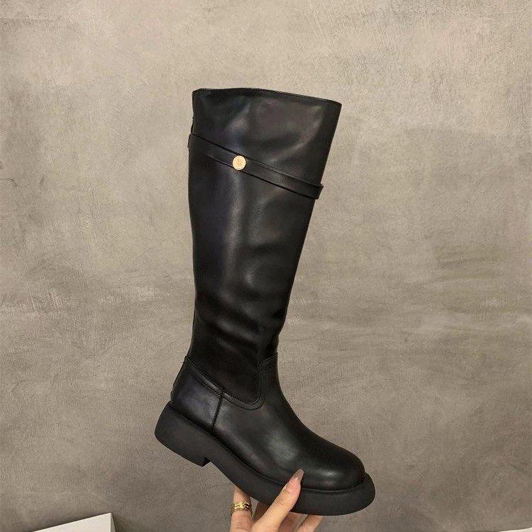 

Ботинки-рыцари на толстой подошве, черные, средней высоты, женская обувь 2025, новая коллекция весна, осень и зима, тонкая версия, длинные сапоги 39