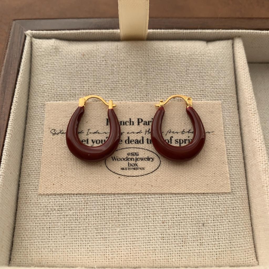 Burgundy Enamel Flower Ring Earrings Earrings Women'S Fashion Personality Temperament Advanced Sense Light Luxury Exquisite Autumn And Winter Earrings