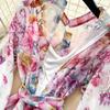 Summer New Pink Flower Print Chiffon Maxi Dress Women Long Lantern Sleeve Tiered Ruffle Long Dress Elegant Party Evening Dress