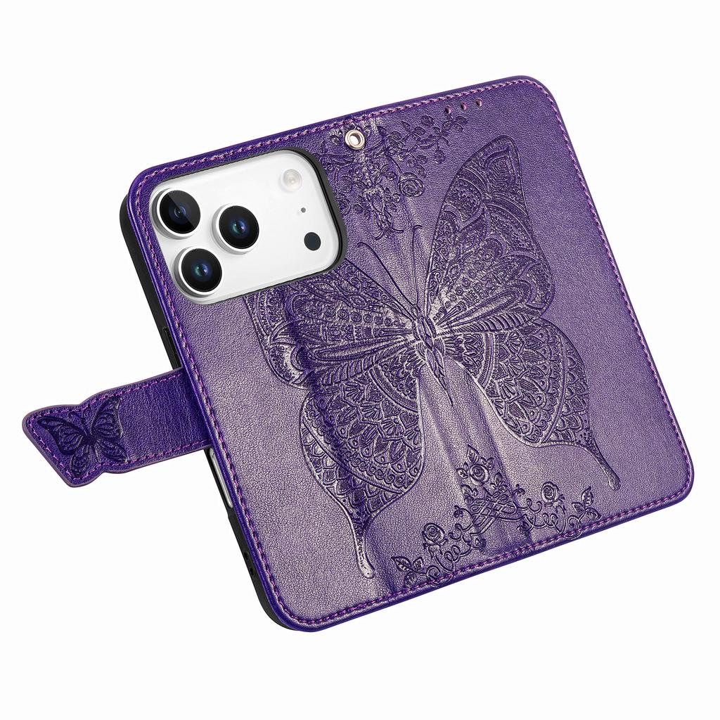 For iPhone 17 Pro Case with Strap Butterfly Pattern PU Leather Wallet Phone Cover