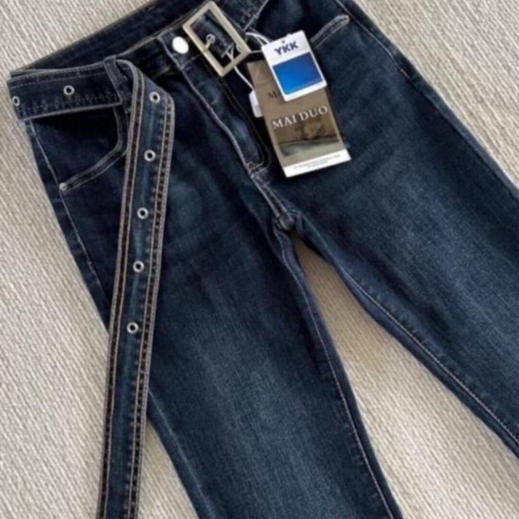 Women's Dark Blue High-Waisted Micro-Flared Jeans, Slim and Elastic, Autumn 2024 Trendy Wide-Leg Pants