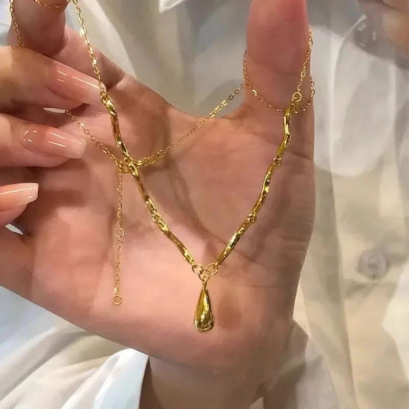 New in Vintage Glossy Water Droplet Necklaces Light Luxury Laziness Irregular Tassel Collar Chain Fine Jewelry