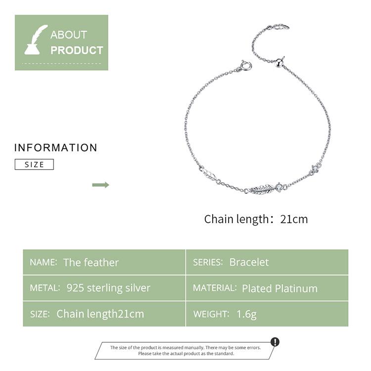 WOSTU European Style Feather Bracelets 925 Sterling Silver CZ Stone Chain Link Women Silver Jewelry