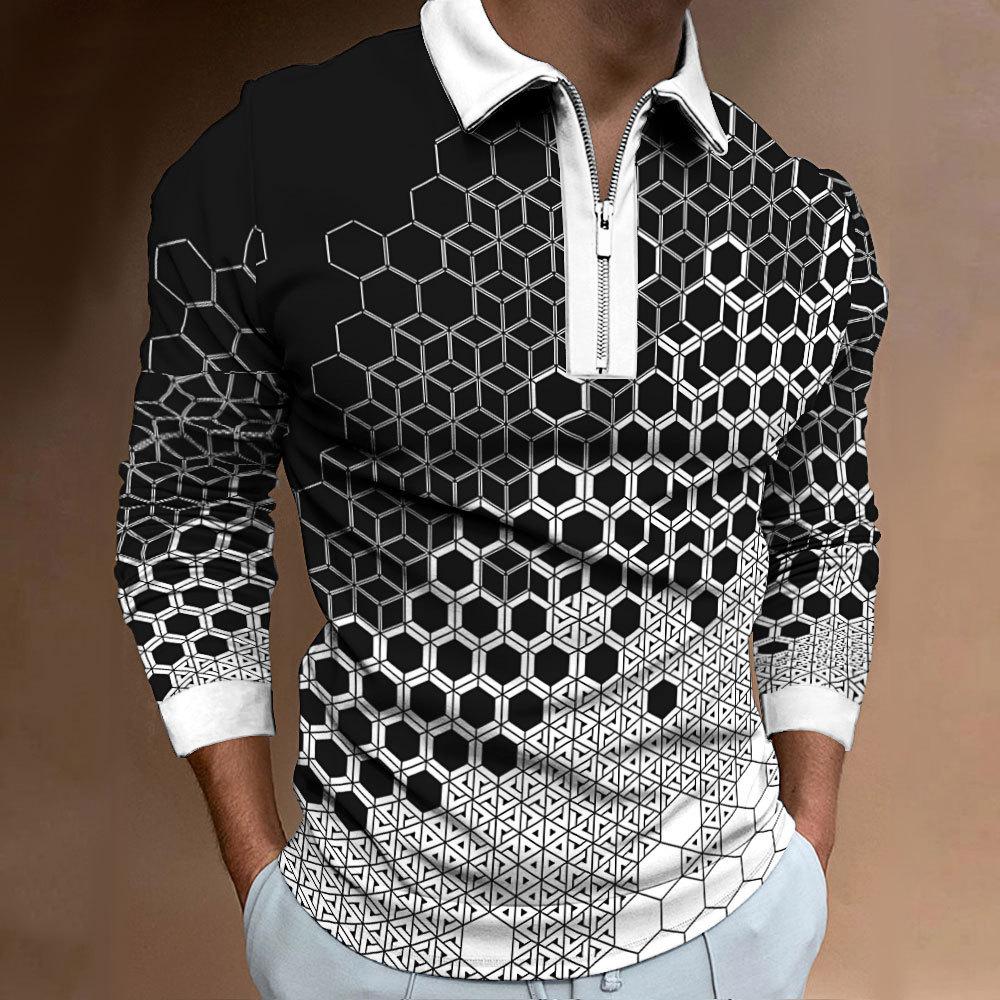 Men's Zip Fashion Slim Men's 3D Plaid Digital Print Long Sleeve Polo Shirt Top
