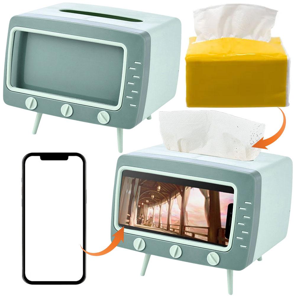 TV Shape Tissue Box with Mobile Phone Stand Kawaii Tissue Box Dispenser Creative Multifunctional for Living Room Night Stand