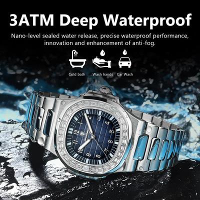 Montres à quartz décontractées en acier inoxydable Montre-bracelet carrée de luxe en diamant Montre pour hommes lumineuse et étanche avec date automatique