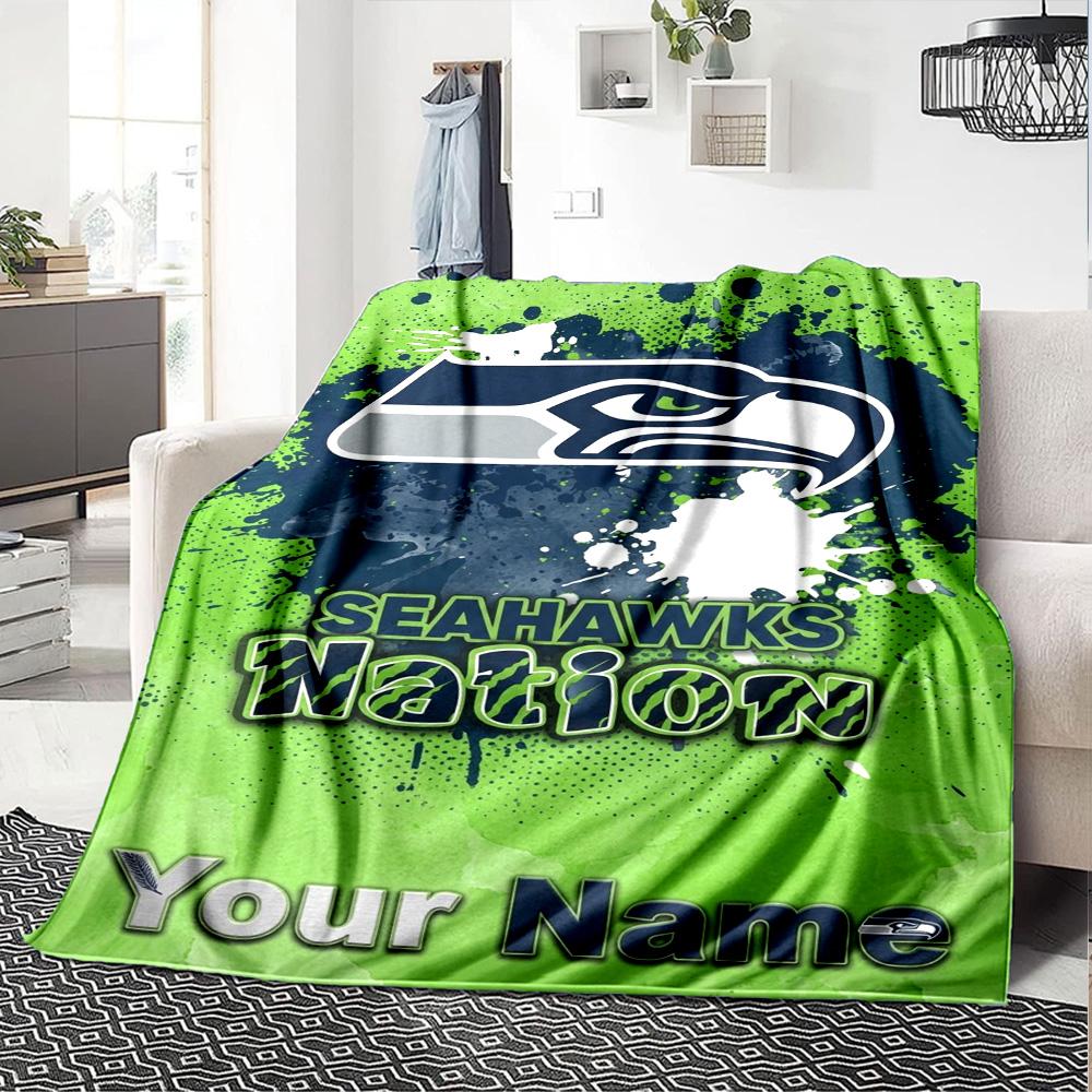 Name Custom Seattle Seahawks Logo Print Flannel Blanket High Quality Warm Comfortable Cover for All Seasons Perfect for Gifts Home Decor