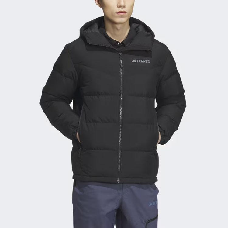 Adidas Goose Down Jacket 800 Fill Solid Color Logo Long Sleeve Hooded Down Jacket Men Jacket Black IU2683