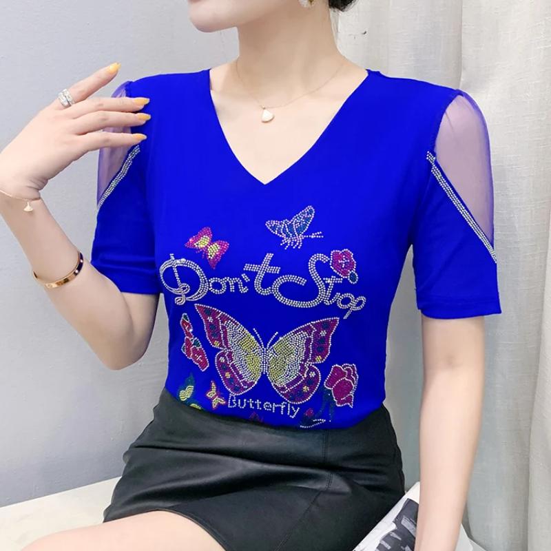 New European Women's Clothes Luxury Elegant T-Shirt Sexy Shiny Butterfly Hot Diamonds Mesh Top Tees Blouse