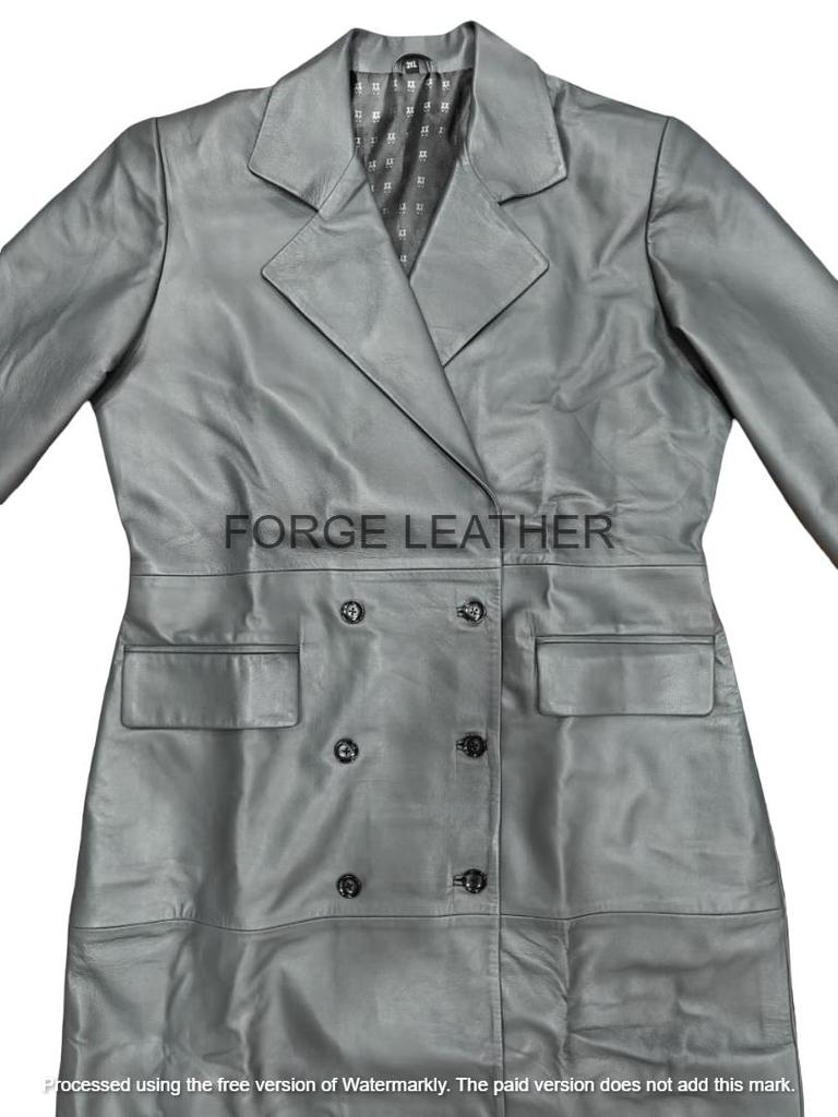 Trench en Cuir Véritable d'Agneau Fait Main Élégant Gris Designer Femme Long