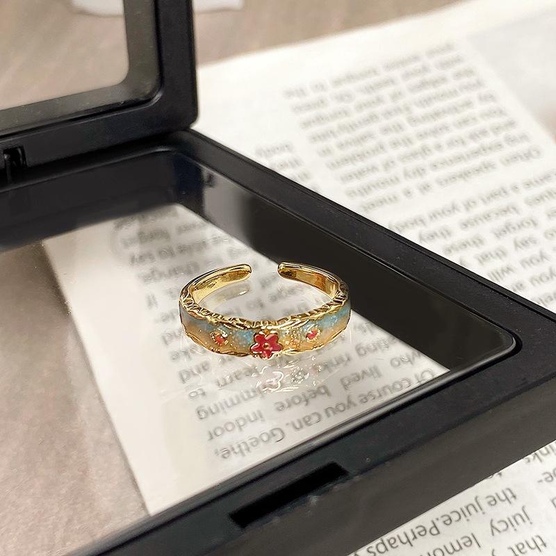 [Goldpuder Blumensprache] Mittelalterlich Vintage Nationaler Trend Emaille Tropföl Blume Öffnungsring Personalisierter Retro Finger