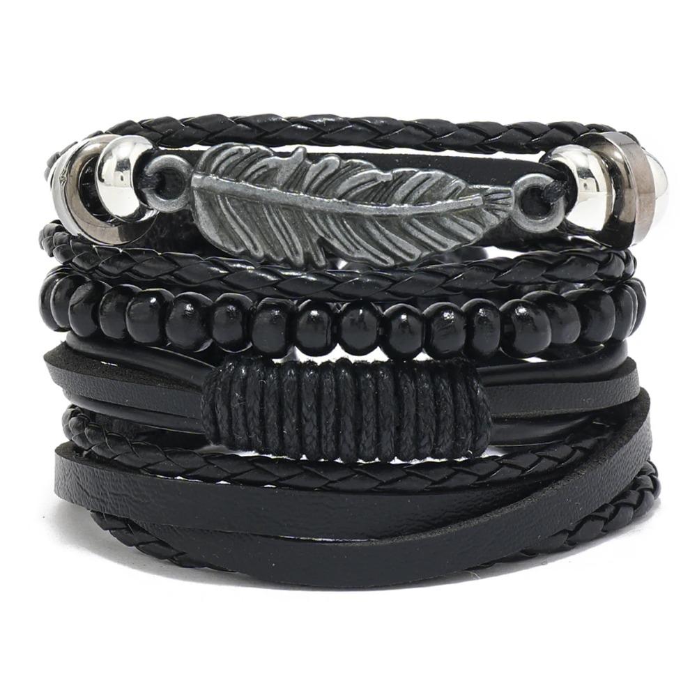 Braided Leather Bracelets for Men Vintage Life Tree Charm Wood Beads Ethnic Tribal Wristband Rope Bracelet Set