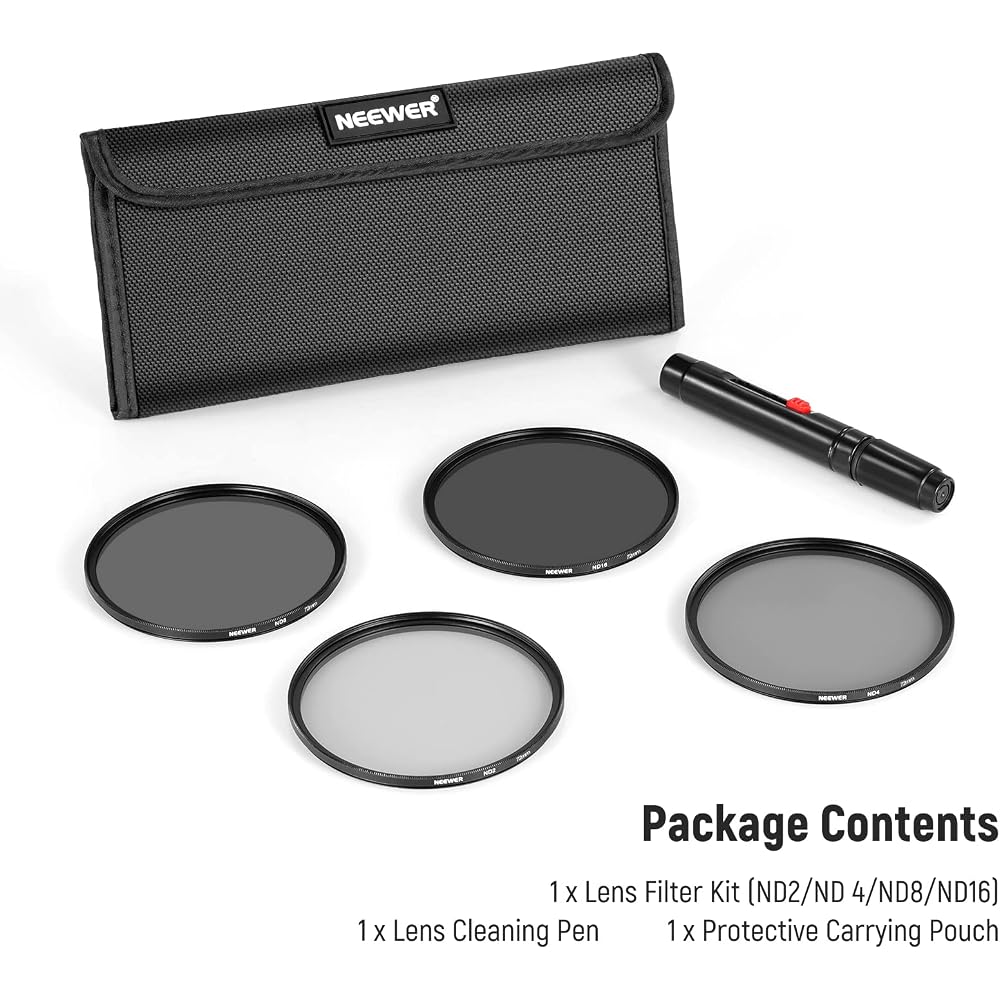 NEEWER 72mm ND Lens Filter Kit: ND2, ND4, ND8, ND16, Lens Cleaning Pen, Filter Pouch, ND Filters and Accessories Kit for DSLR Cameras with 72mm Lenses