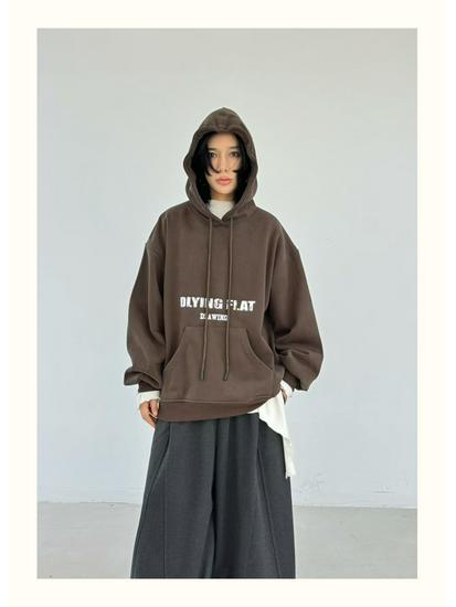 Becabeau Winter Korean-Style Loose Plus-Size Casual Letter Hooded Fleece Sweatshirt