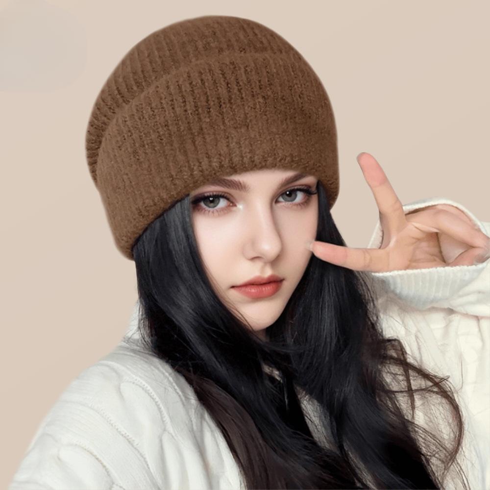Women's New Style of Wool Hats In Autumn and Winter Big Head Circumference Loose Knitted Pile Hats Versatile Small Cold Hats Showing Off Their Faces