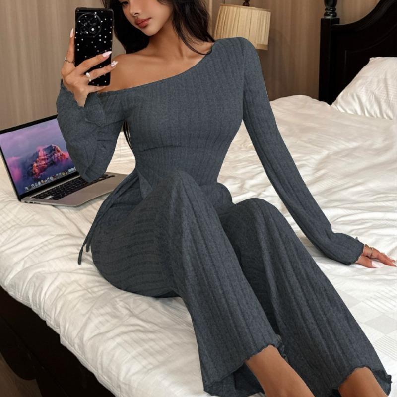 Women's Fall/Winter Fashionable and Sexy Off-the-Shoulder Asymmetrical Long-Sleeve Pajama Set with Long Pants