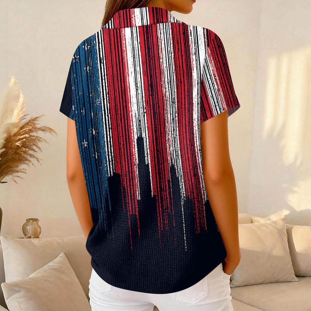 Women’s Casual Short Sleeve Knit Polo Shirt with Independence Day Printed Design and Relaxed Fit for Everyday Wear