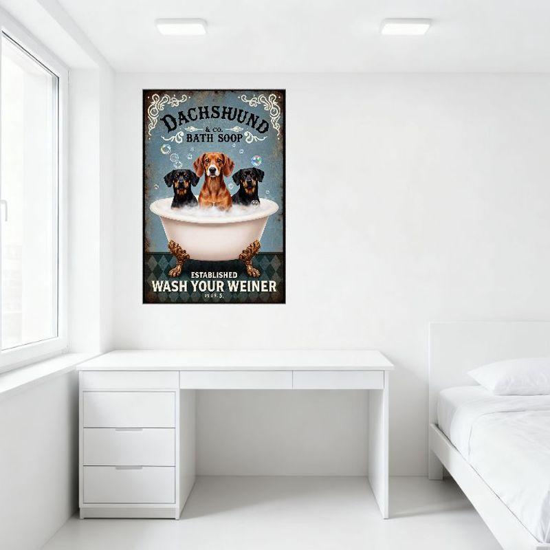 Vintage Dachshund & Co. Bath Soop Metal Sign, 3 Dachshunds In White Clawfoot Bathtub with Bubbles, Established 1919.5 Wash Your