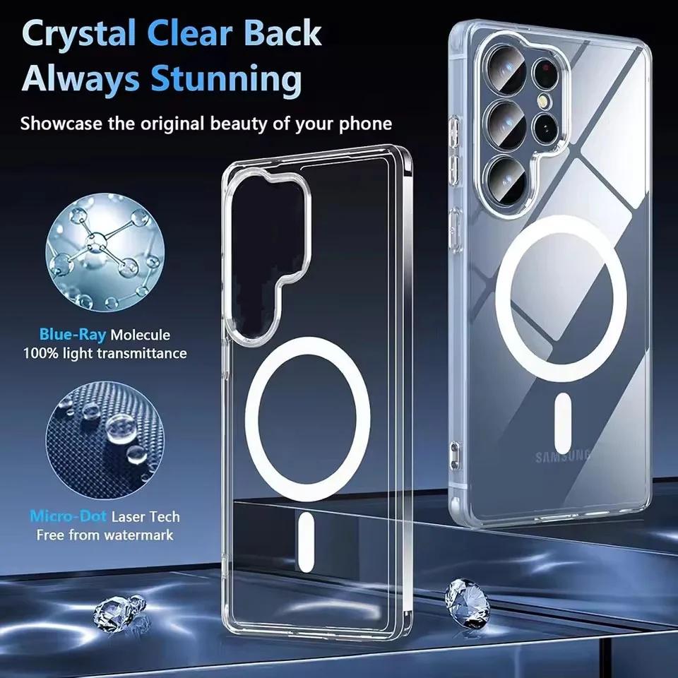 For Samsung Galaxy S21 S23 S24FE S25 Ultra Plus S25EDGE Clear Crystal Acrylic Magsafe Magnetic Wireless Charging Shockproof Case