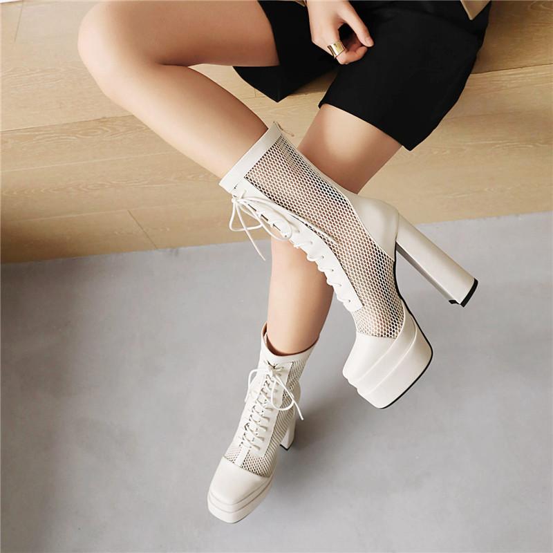 Women's High-heeled Short Boots Sexy European and American Style Waterproof Platform Thick-heeled Large-size Net Boots