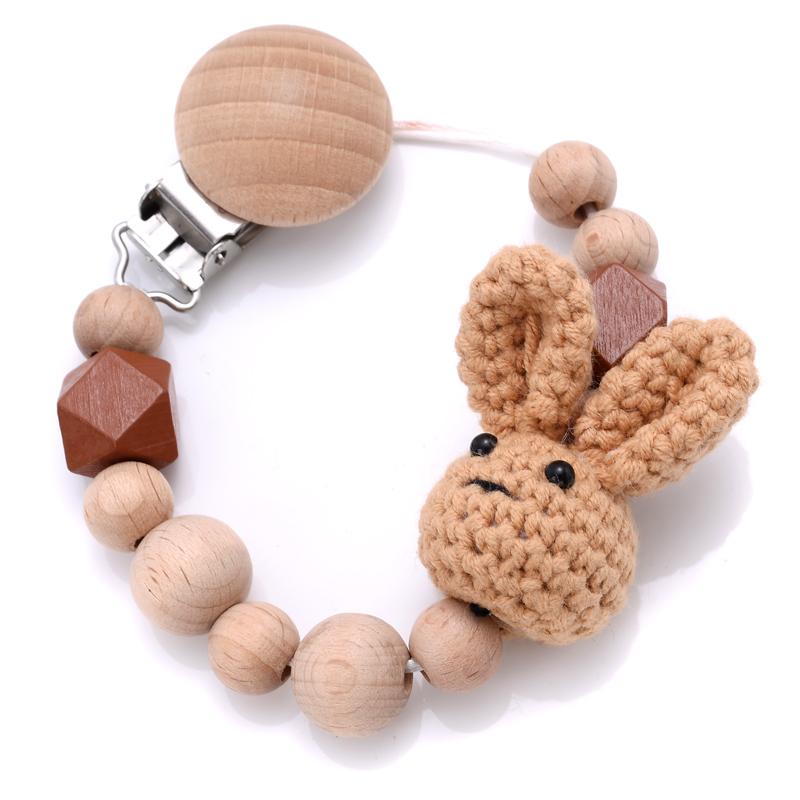 Nursing Chew Toy Baby Dummy Holder Chain BPA Free New Baby Wooden Pacifier Clip Wood Crochet Rabbit Teething Soother Chain
