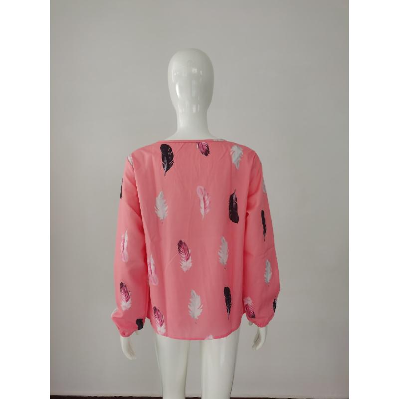 2026 Spring New V-neck Feather Print Long Sleeve Loose T-shirt for Women