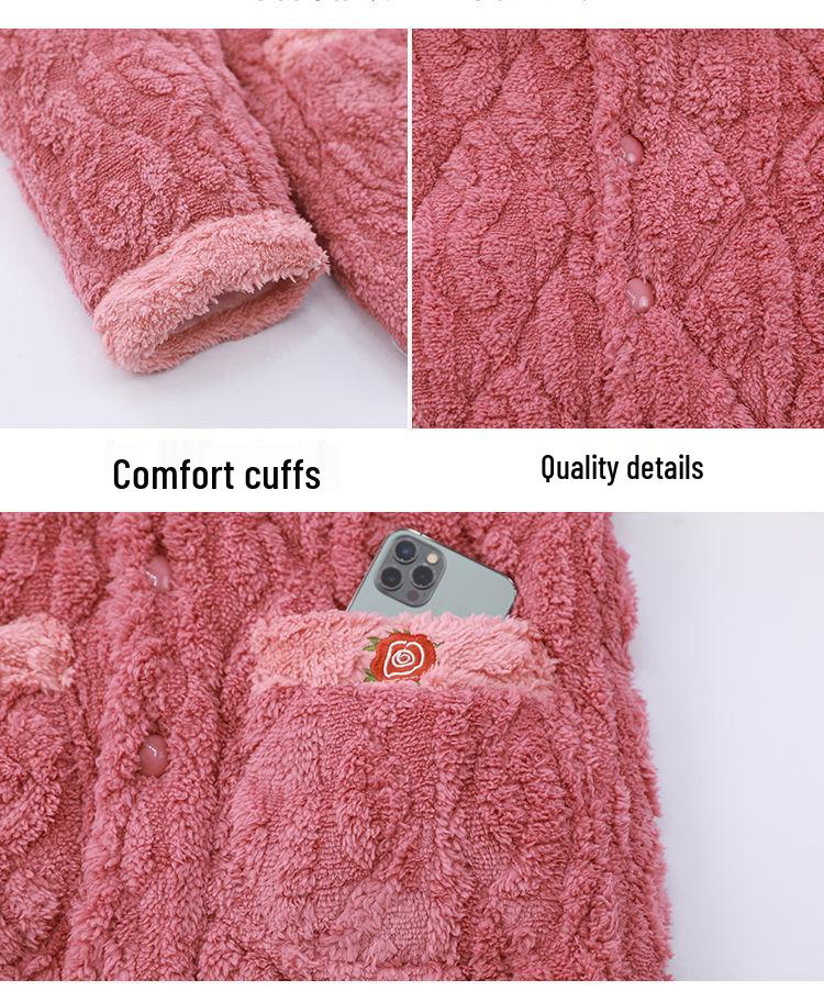 Three-Layer Fleece-Lined Quilted Winter Pajama Set for Elderly Women - Warm Coral Fleece Home Wear & Outerwear