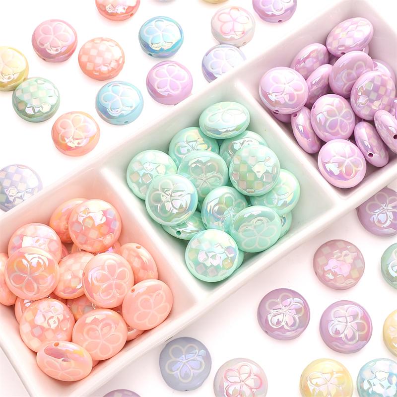 2pcs [25mm] Flat Round Acrylic Beads Plaid Flower Flat Beads For Jewelry Making DIY Pendant Keychain Crafts Findings