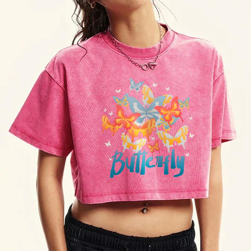 Colorful Butterfly Printed Crop Snow Wash T Shirt Washed Fashion Summer Short Sleeve Cotton Clothes Cotton T-Shirts