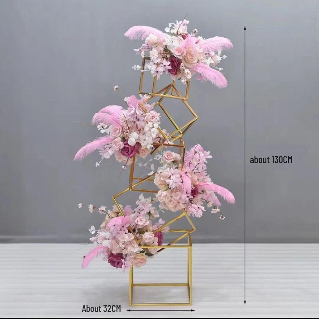 Geometric Gold Flower Wedding Aisle Runner & Artificial Flowers Display