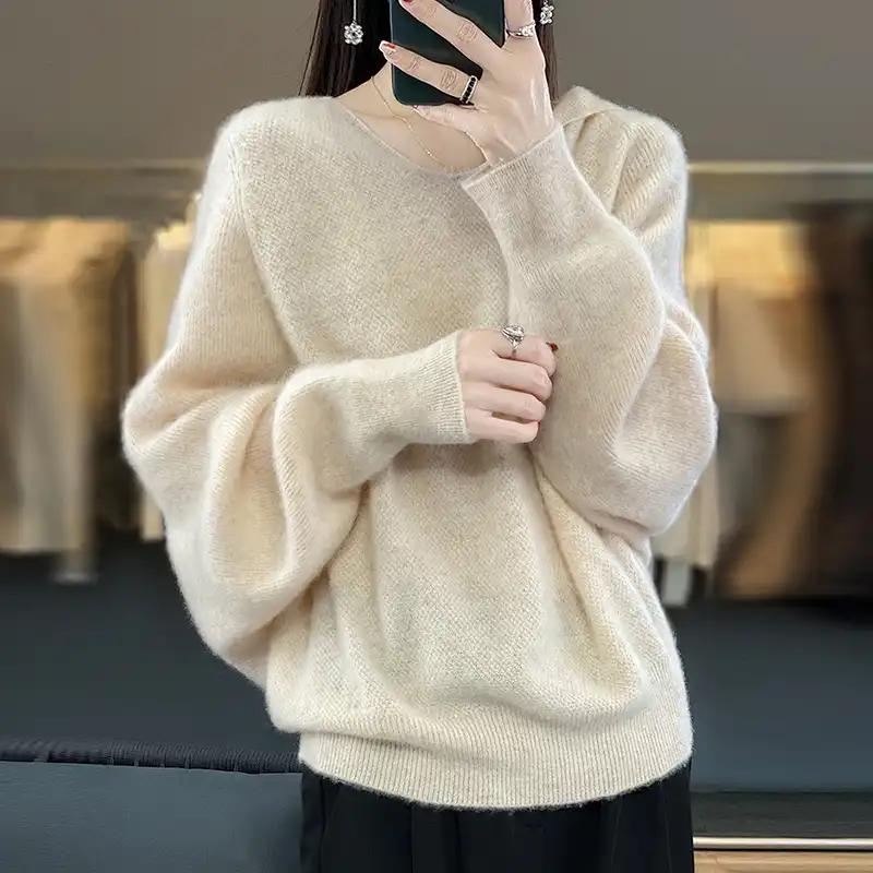 Sweater for Women Autumn Winter Thickened Pullover Warm Hooded Knitted Stretchy Long Sleeve Oversize Jumper Tops